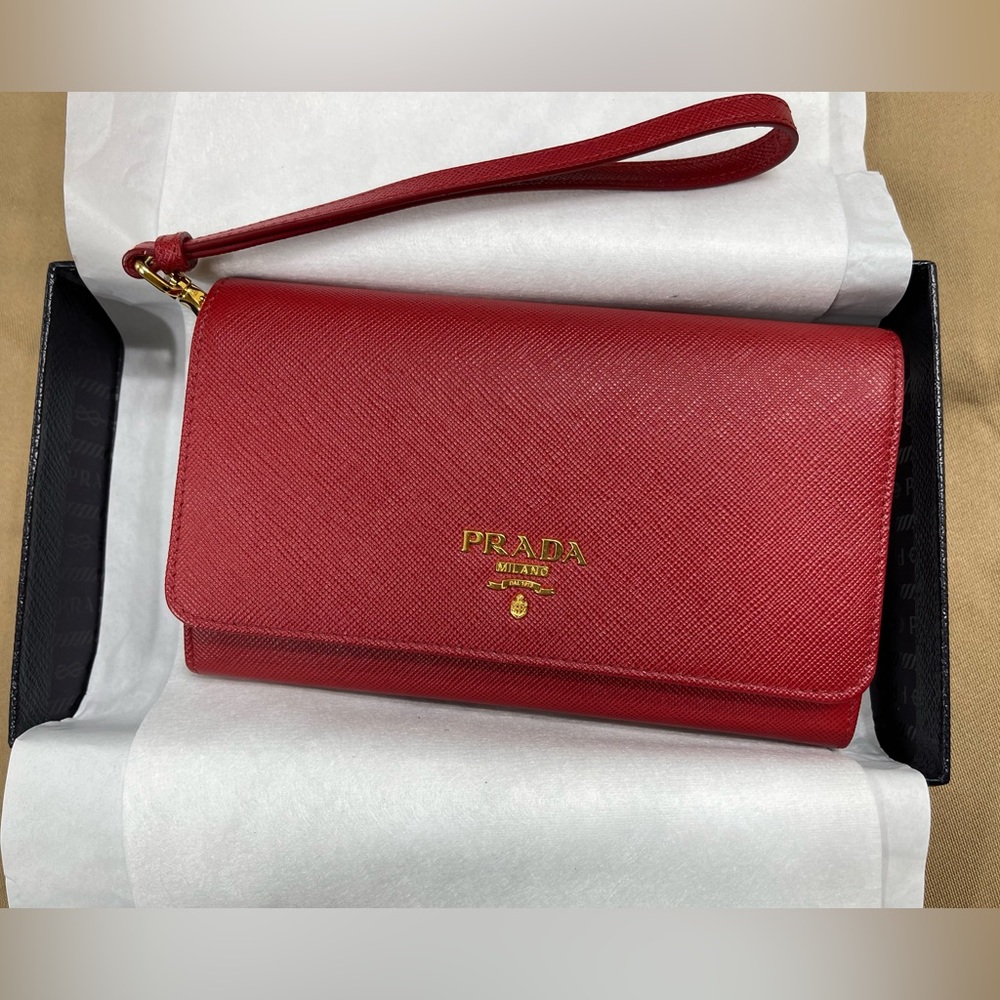 Prada red wallet wristlet